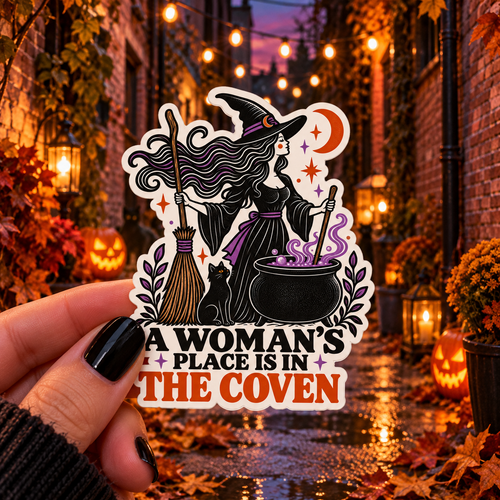 A Woman's Place Is In The Coven sticker, shown in use
