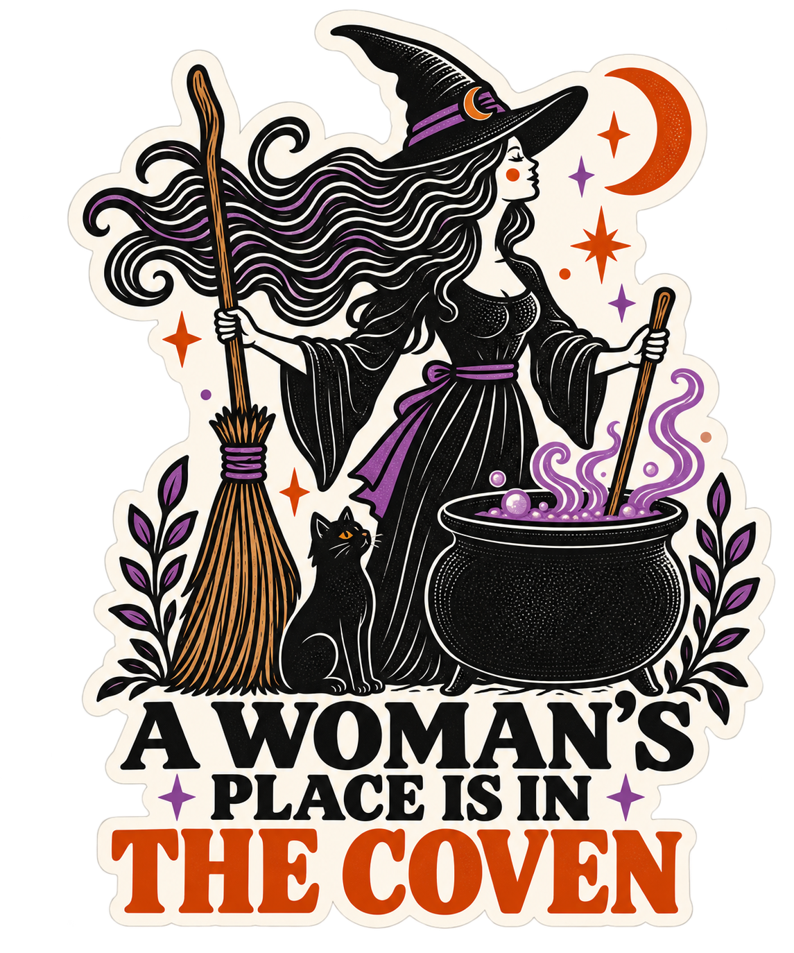 A Woman's Place Is In The Coven sticker, flat artwork