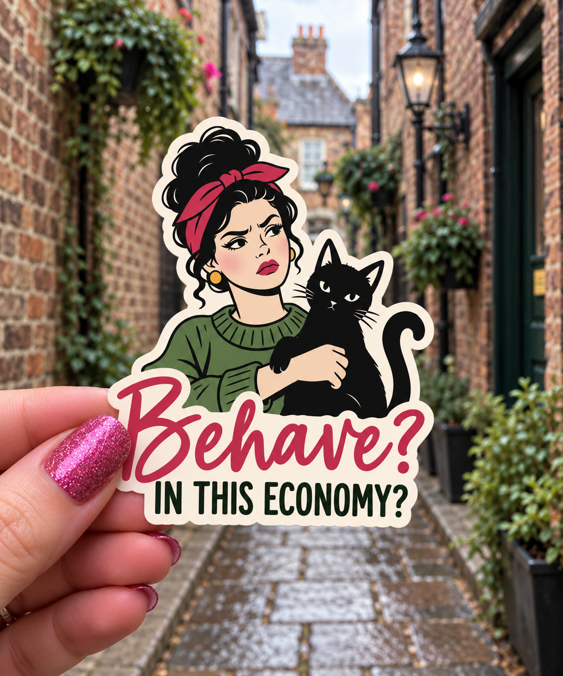 Behave? In This Economy? sticker, shown in use