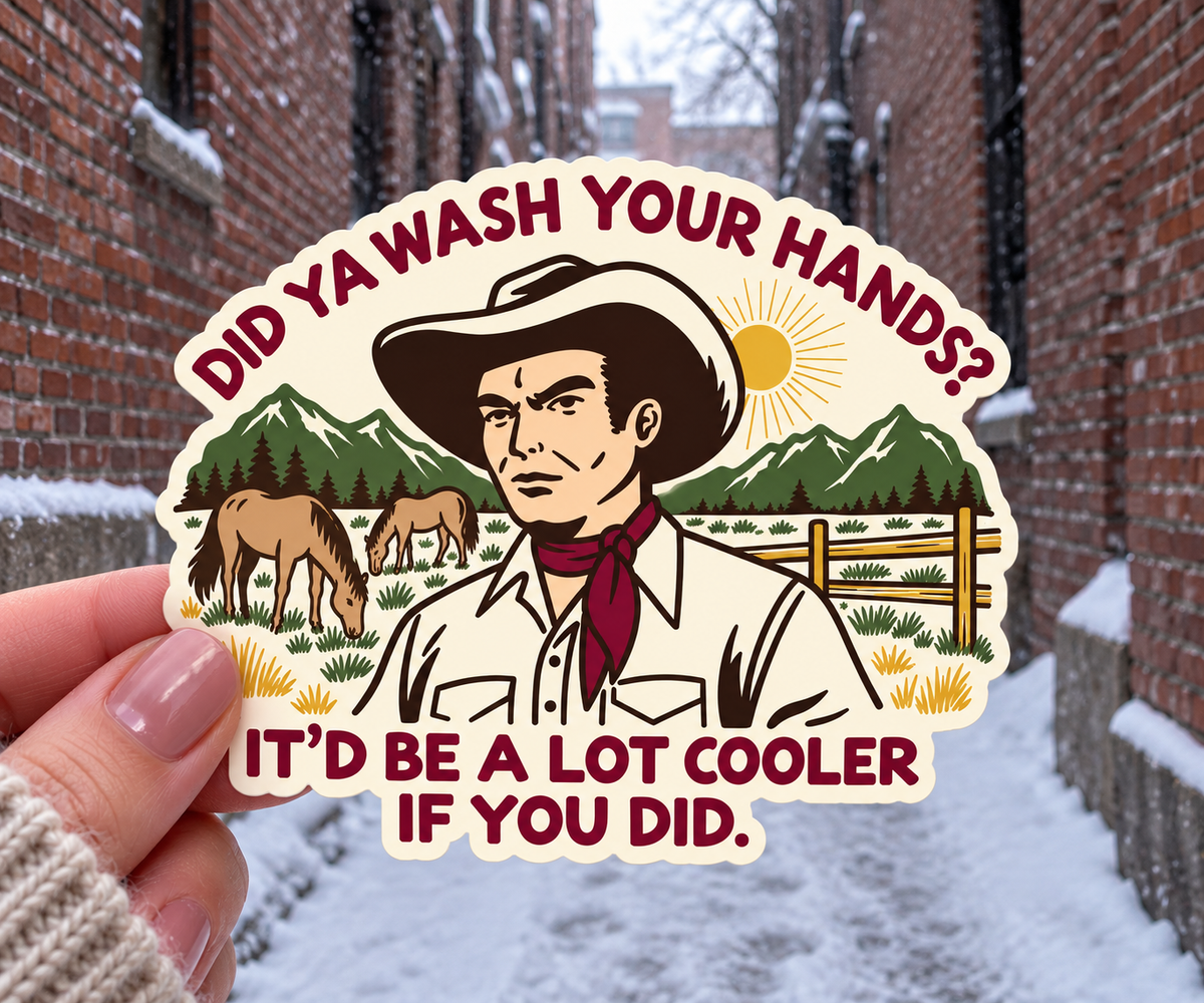 Did Ya Wash Your Hands sticker, shown in use