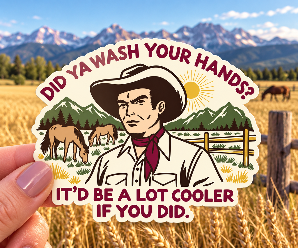 Did Ya Wash Your Hands sticker, shown in use