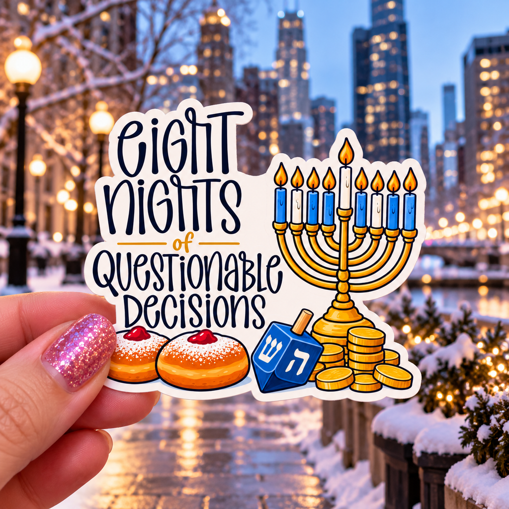 Eight Nights of Questionable Decisions sticker, shown in use