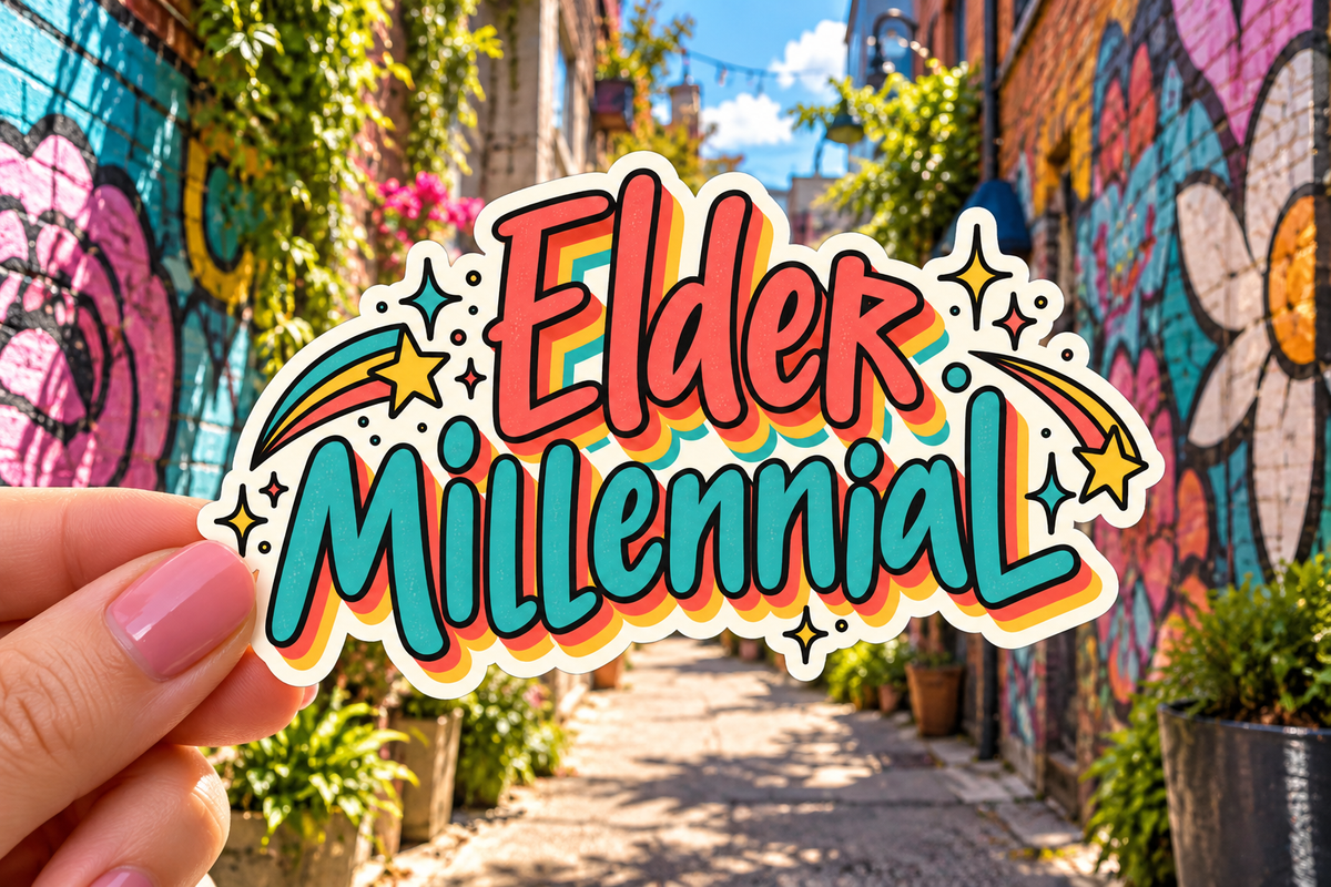 Elder Millennial sticker, shown in use