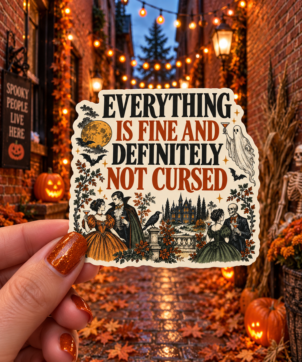 Everything Is Fine and Definitely Not Cursed sticker, shown in use