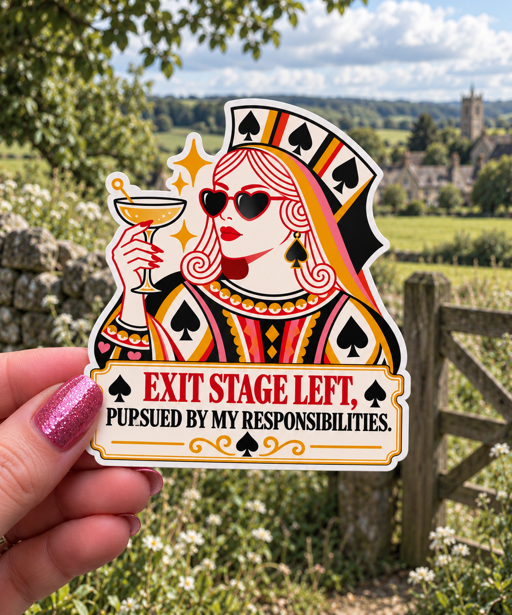 Exit Stage Left, Pursued by My Responsibilities sticker, shown in use