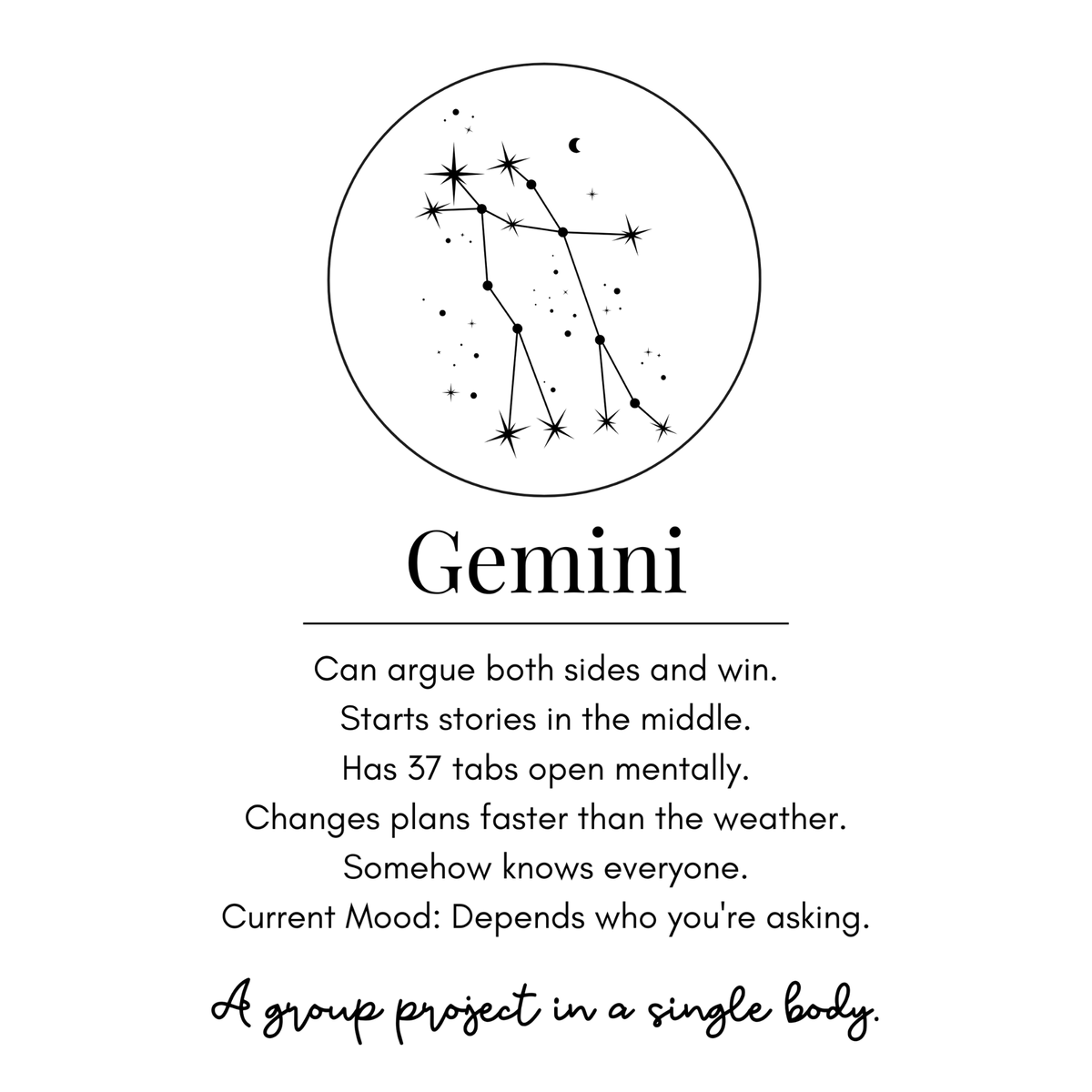 Gemini Funny Zodiac sticker, flat artwork