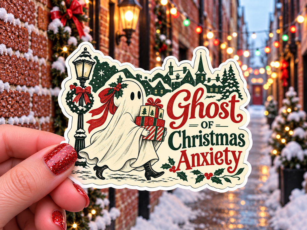 Ghost of Christmas Anxiety sticker, shown in use