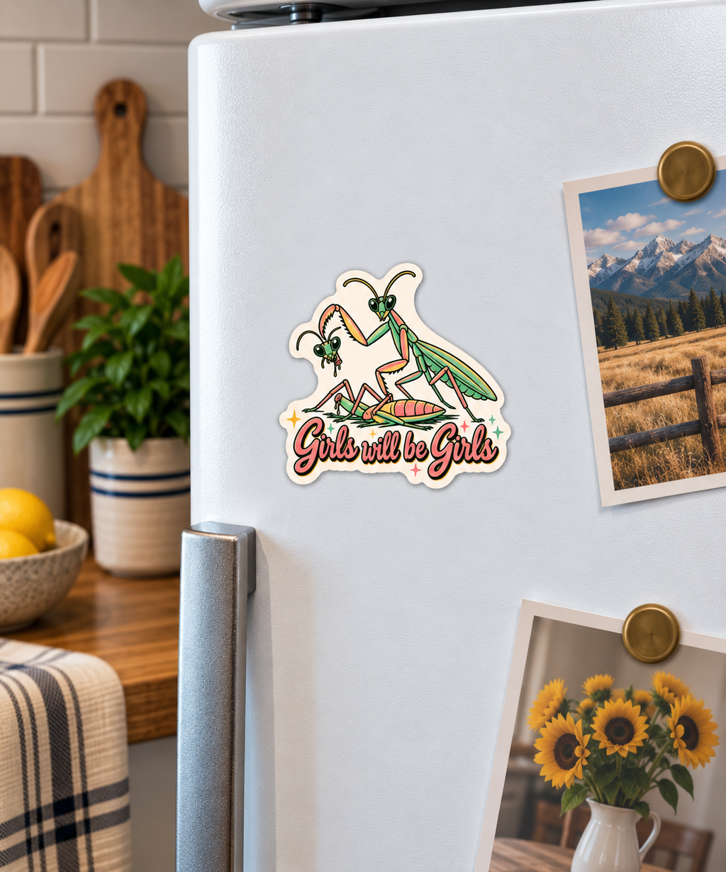 Girls Will Be Girls magnet on a fridge