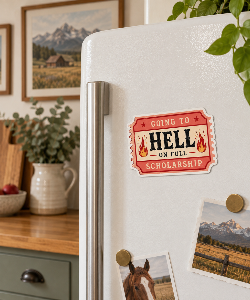 Going to Hell on Full Scholarship magnet on a fridge