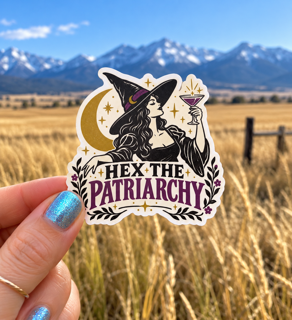 Hex the Patriarchy magnet, shown in use