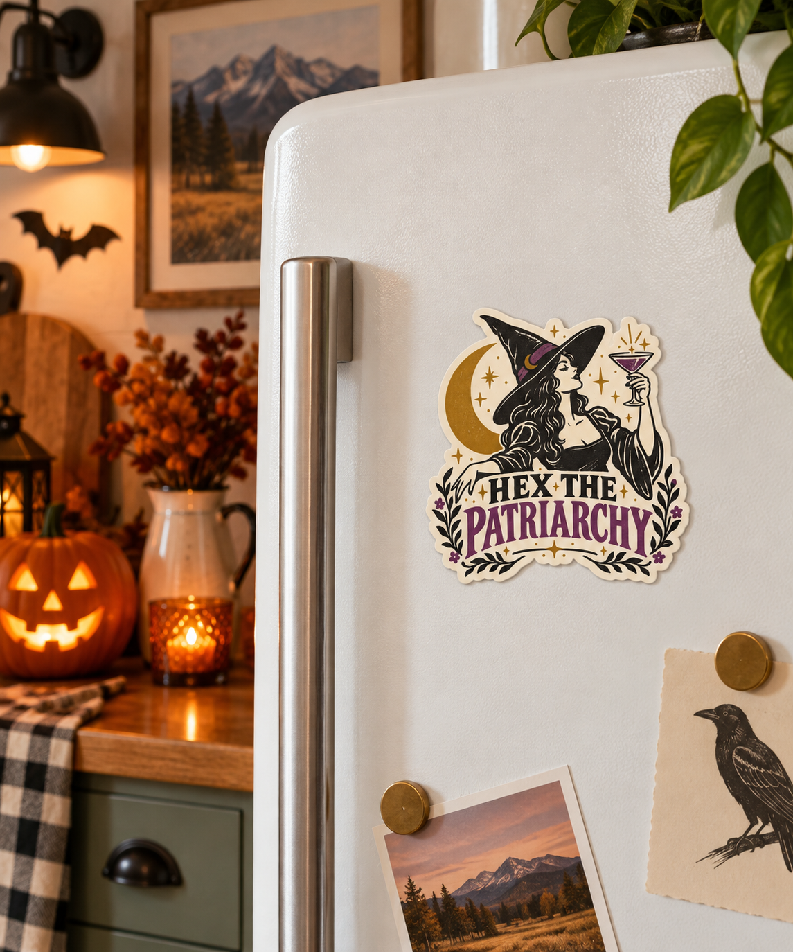 Hex the Patriarchy magnet on a fridge
