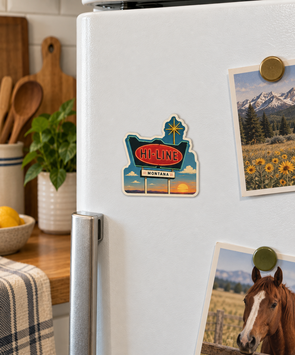 Hi-Line Montana Neon Sign magnet on a fridge