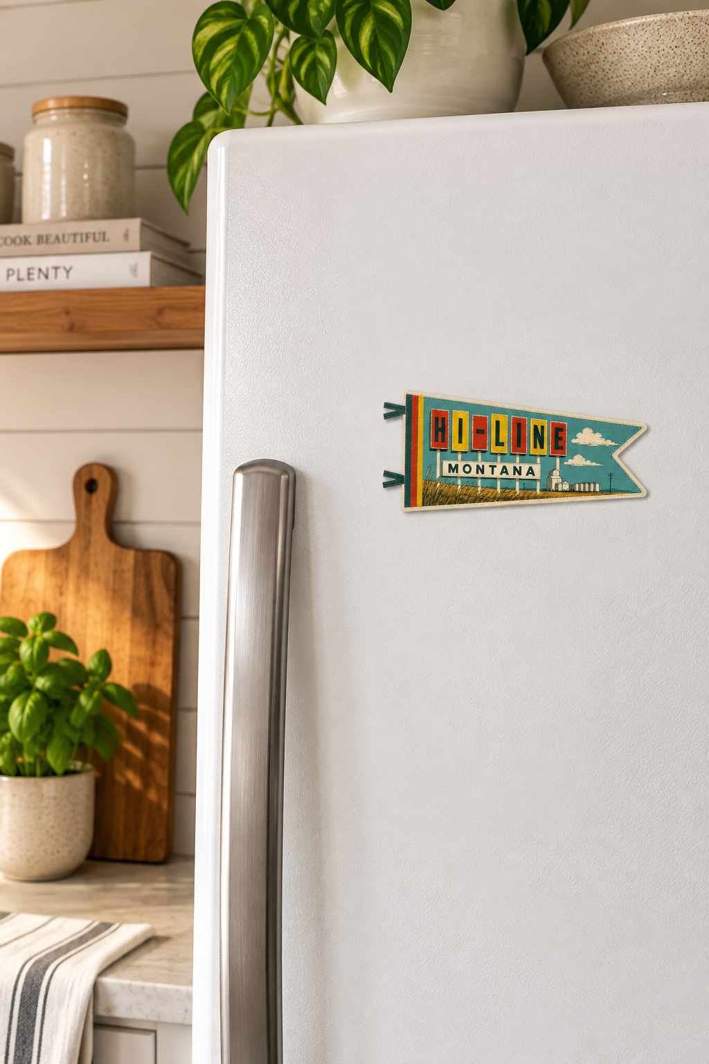 Hi-Line Montana Pennant magnet on a fridge