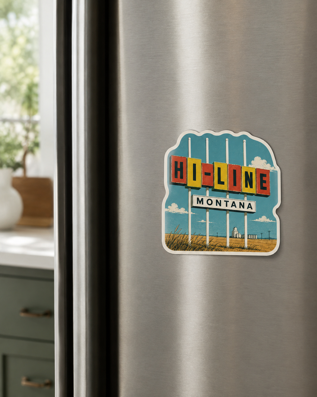 Hi-Line Montana Sign magnet on a fridge