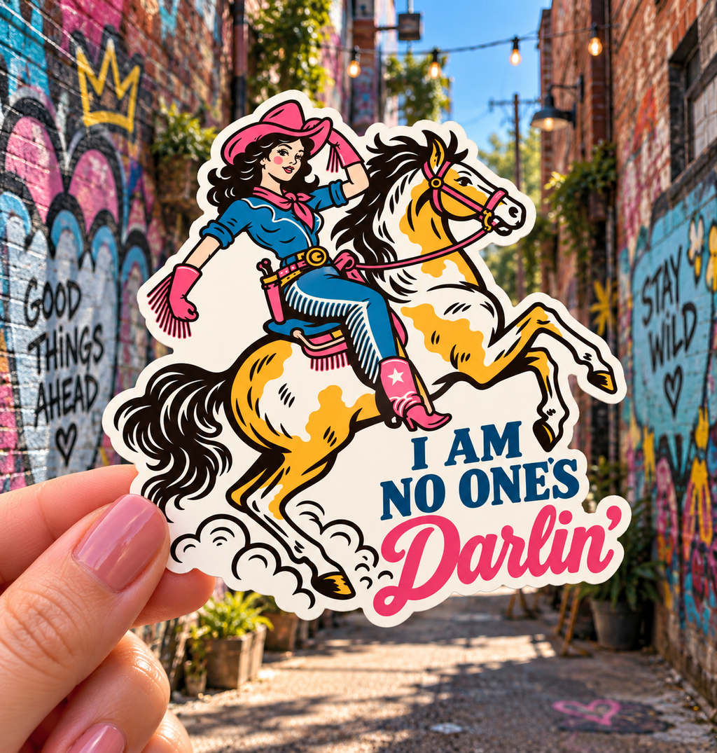 I Am No One's Darlin' sticker, shown in use
