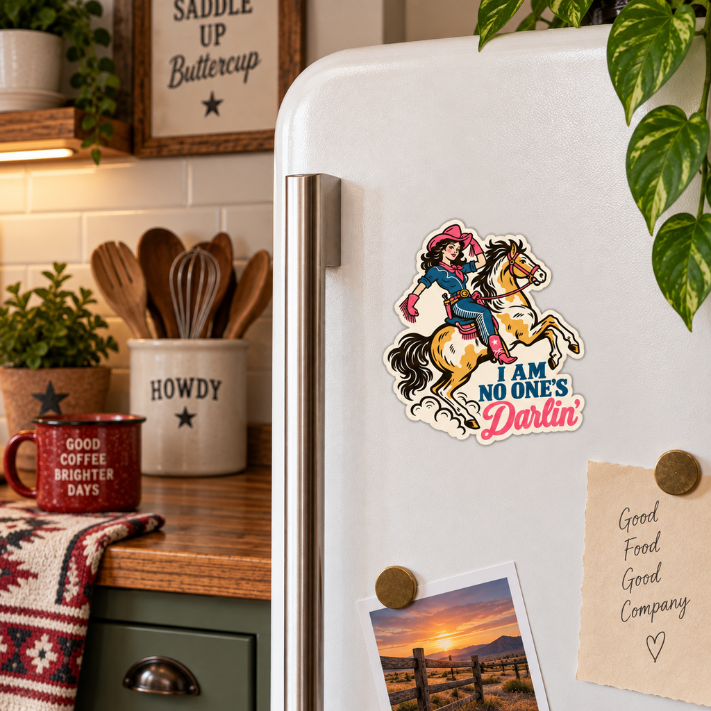 I Am No One's Darlin' magnet on a fridge