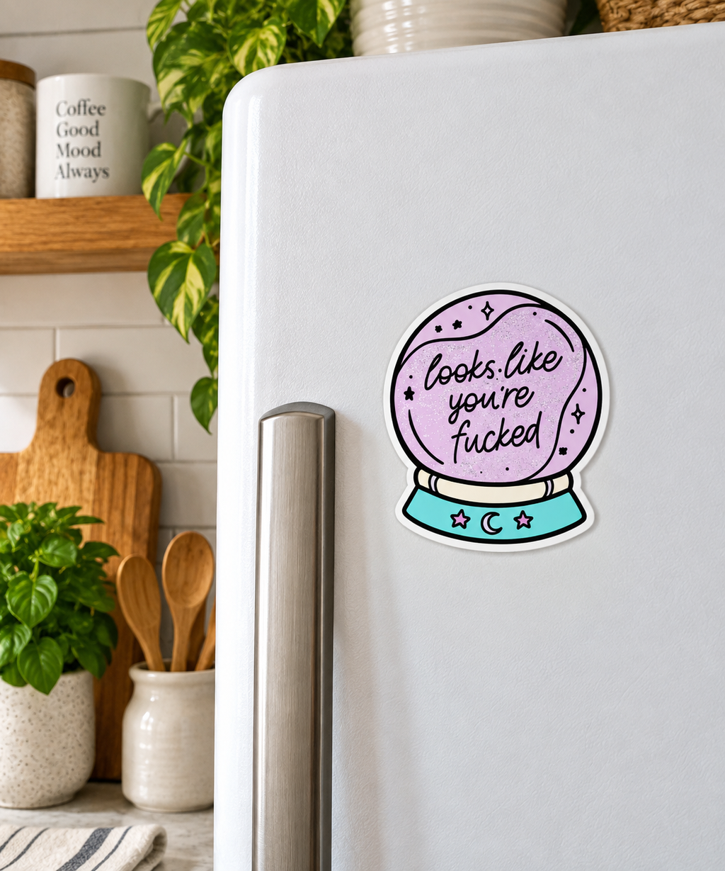 Looks Like You're F*cked magnet on a fridge