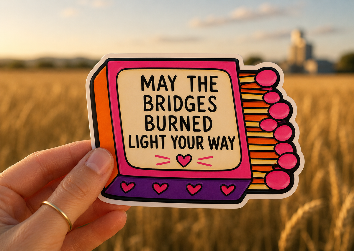 May the Bridges Burned Light Your Way magnet, shown in use