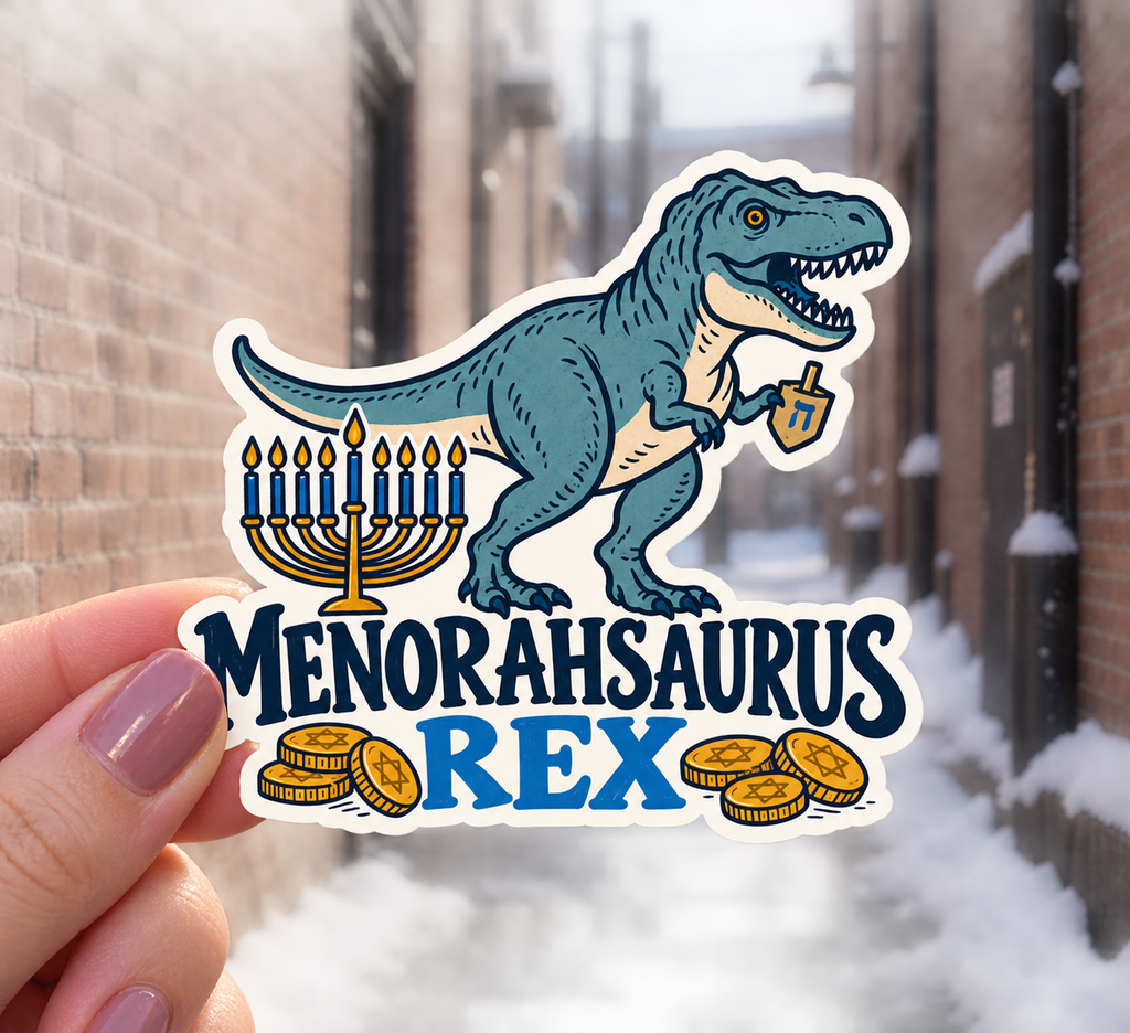Menorahsaurus Rex sticker, shown in use