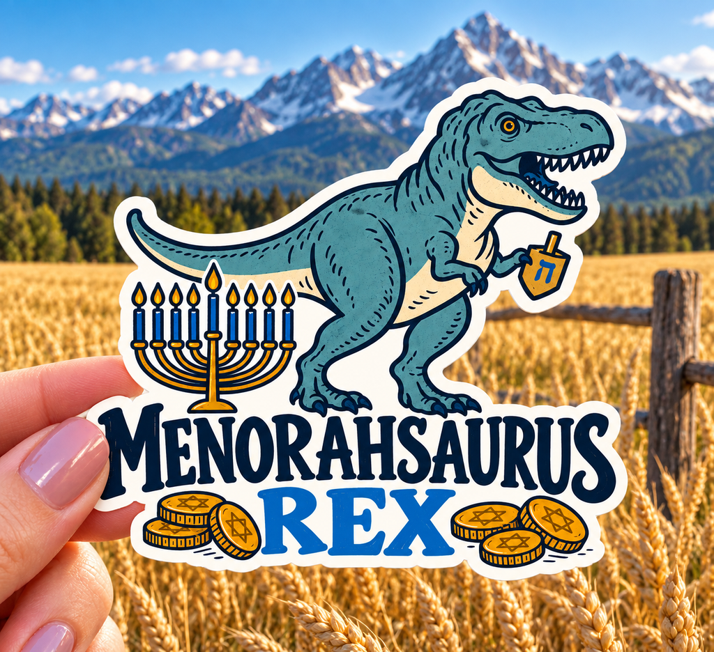 Menorahsaurus Rex sticker, shown in use
