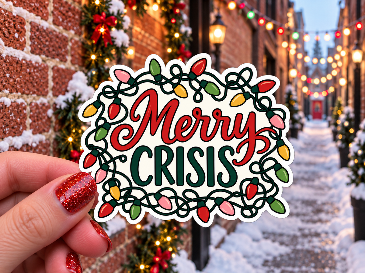 Merry Crisis sticker, shown in use