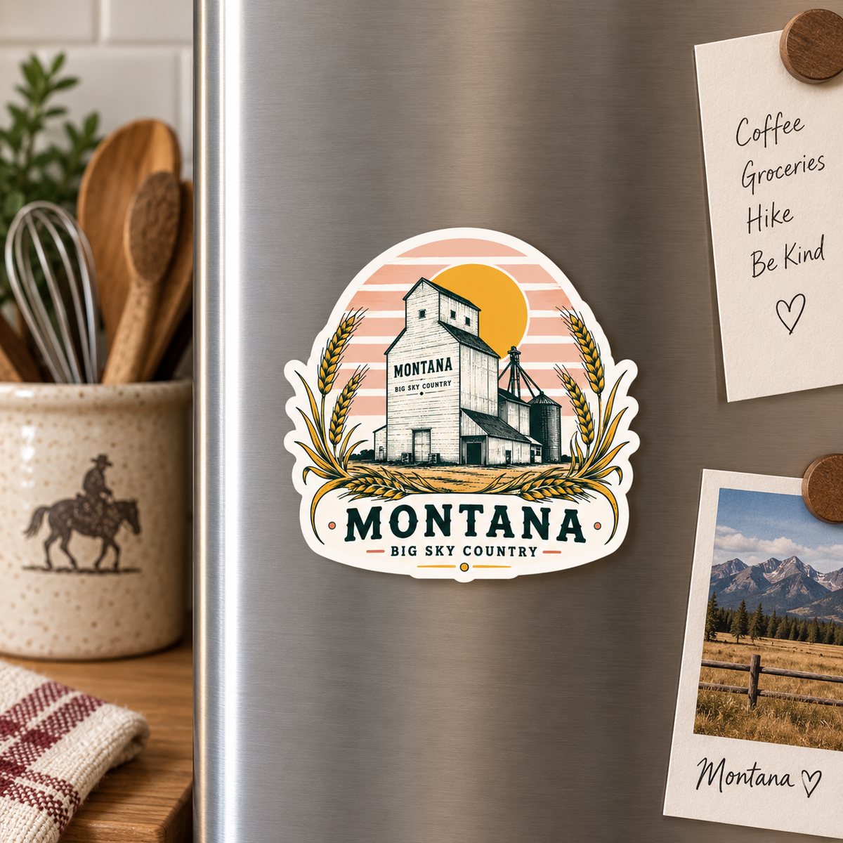 Montana Grain Elevator Crest magnet on a fridge