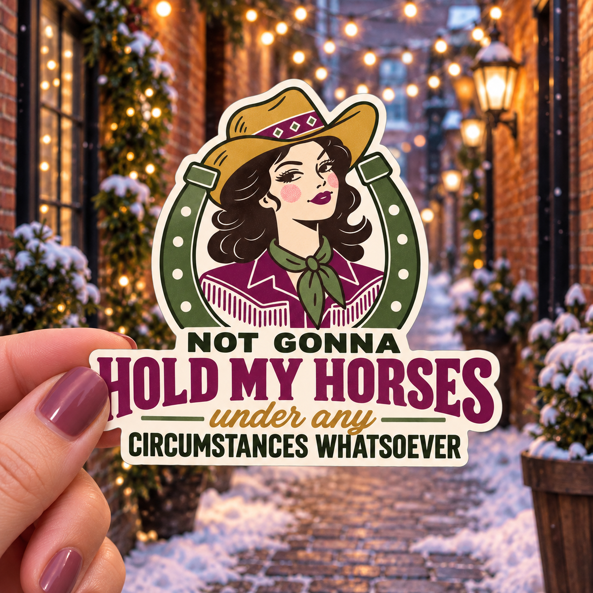 Not Gonna Hold My Horses sticker, shown in use