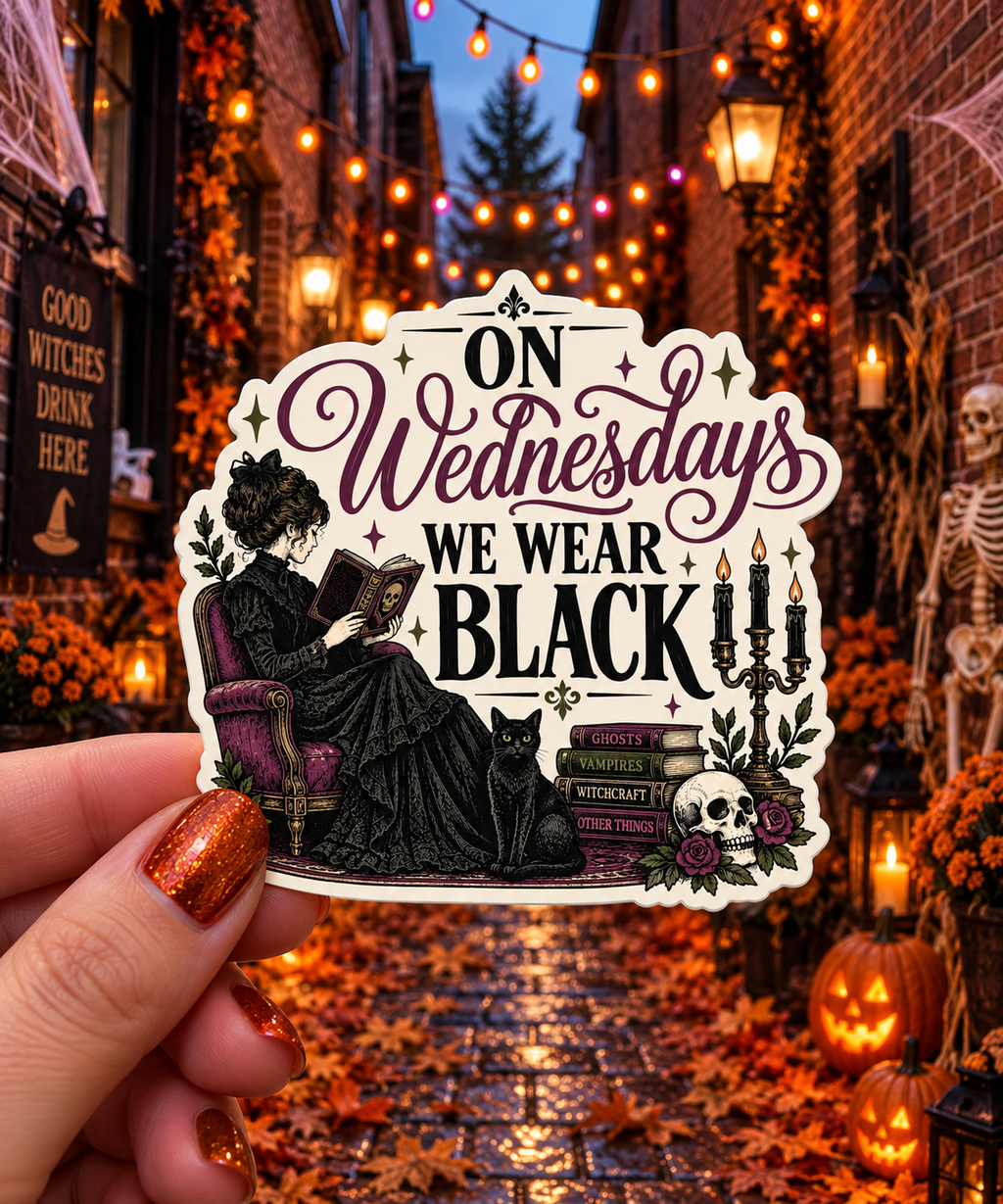 On Wednesdays We Wear Black sticker, shown in use