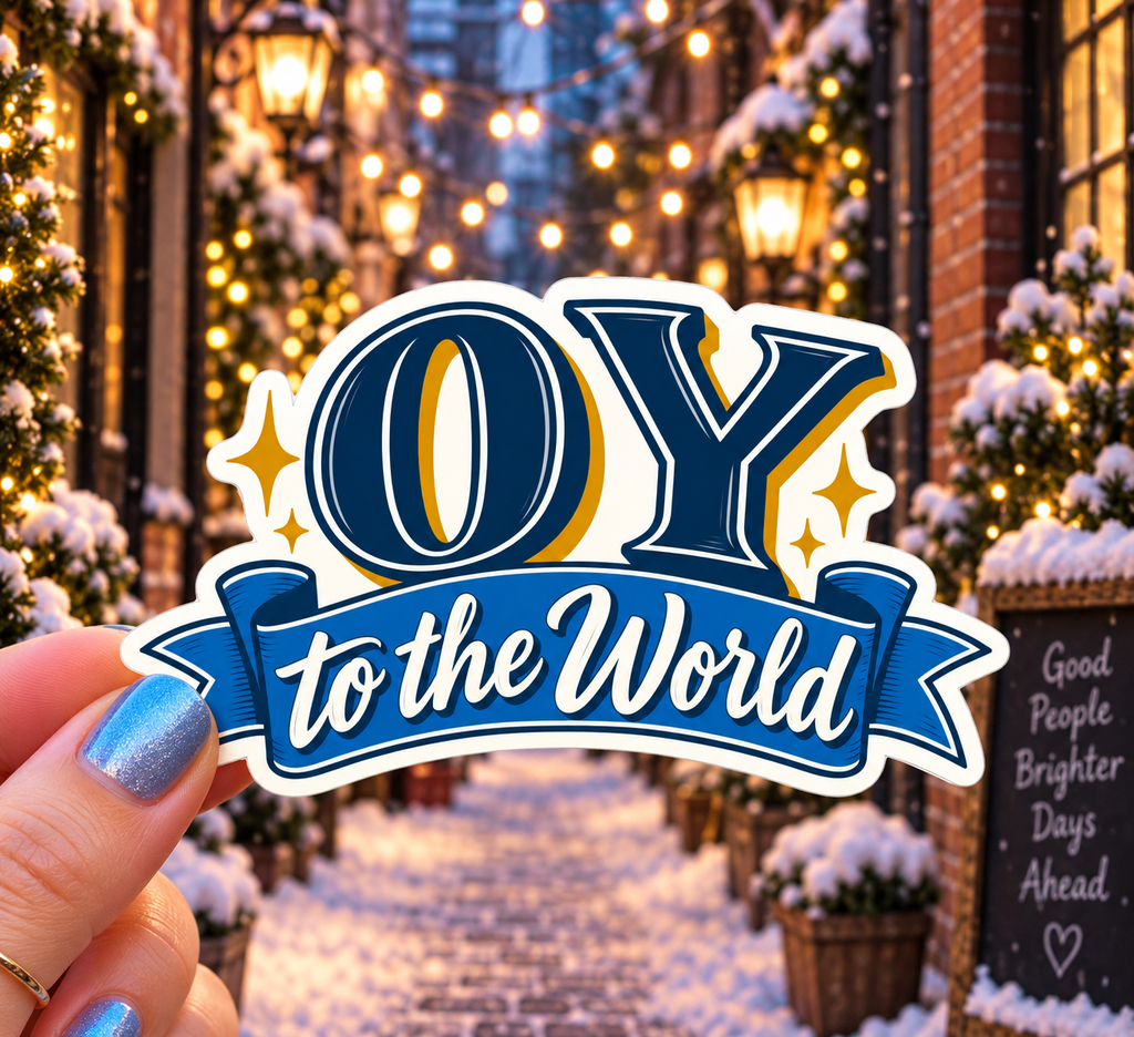 Oy to the World sticker, shown in use