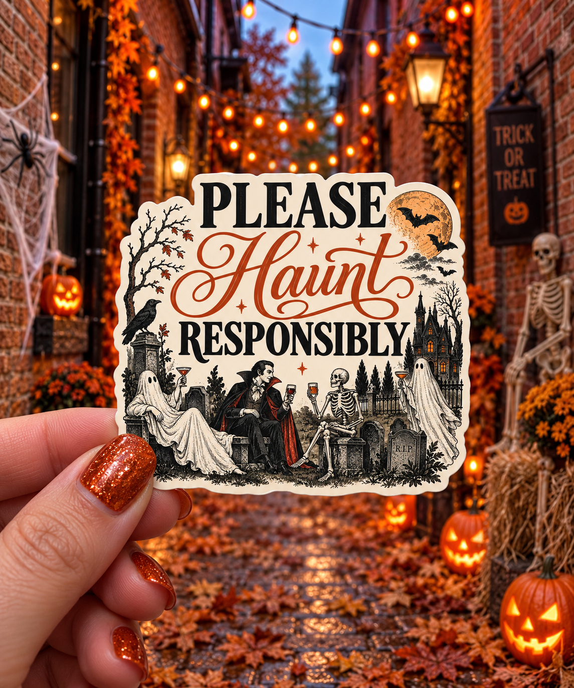 Please Haunt Responsibly sticker, shown in use