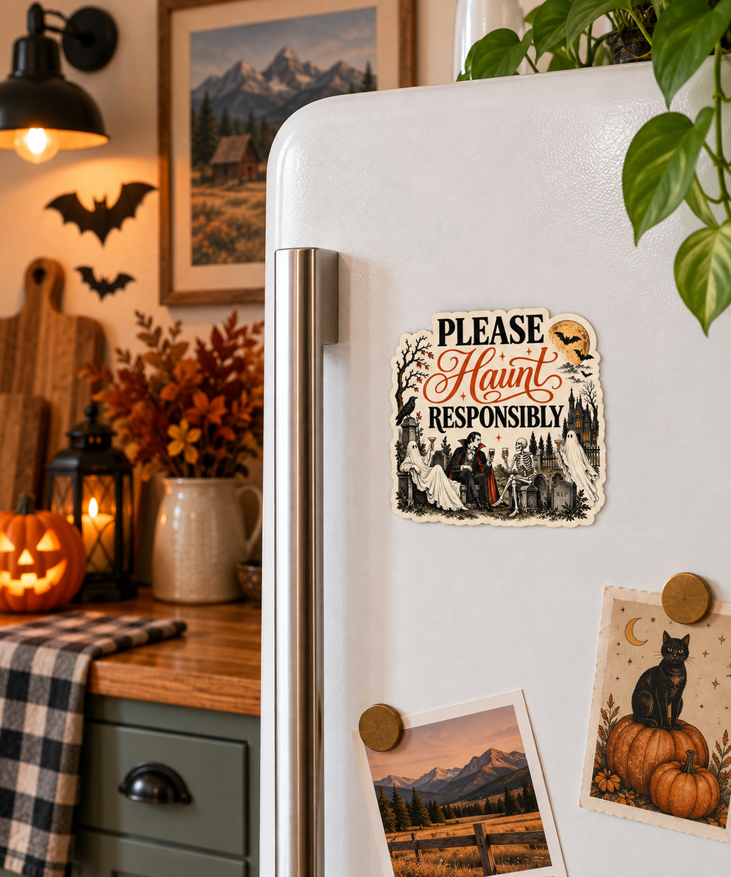 Please Haunt Responsibly magnet on a fridge