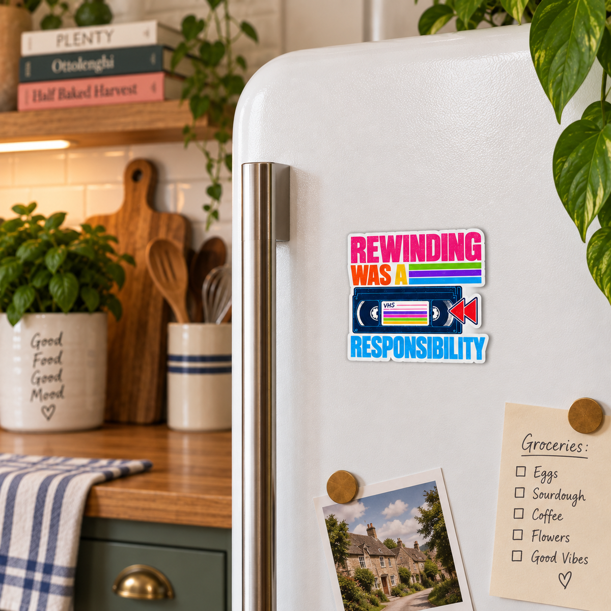 Rewinding Was a Responsibility magnet on a fridge
