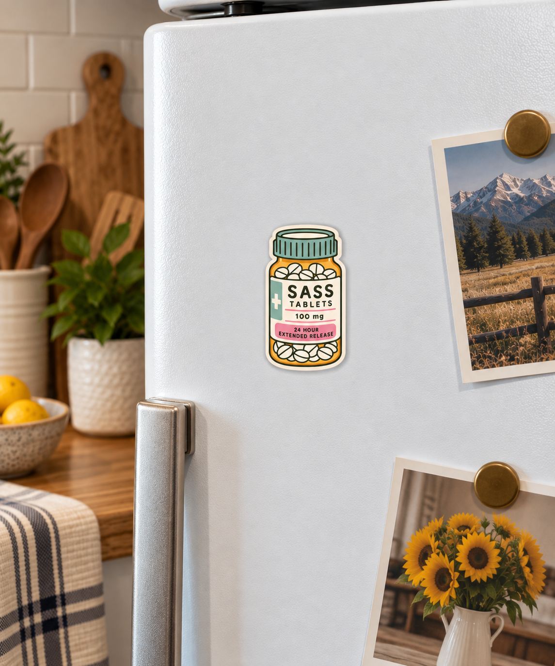 Sass Tablets magnet on a fridge