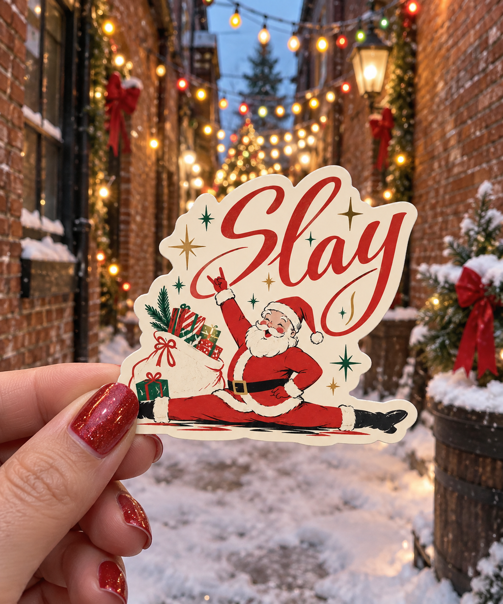 Slay Santa sticker, shown in use