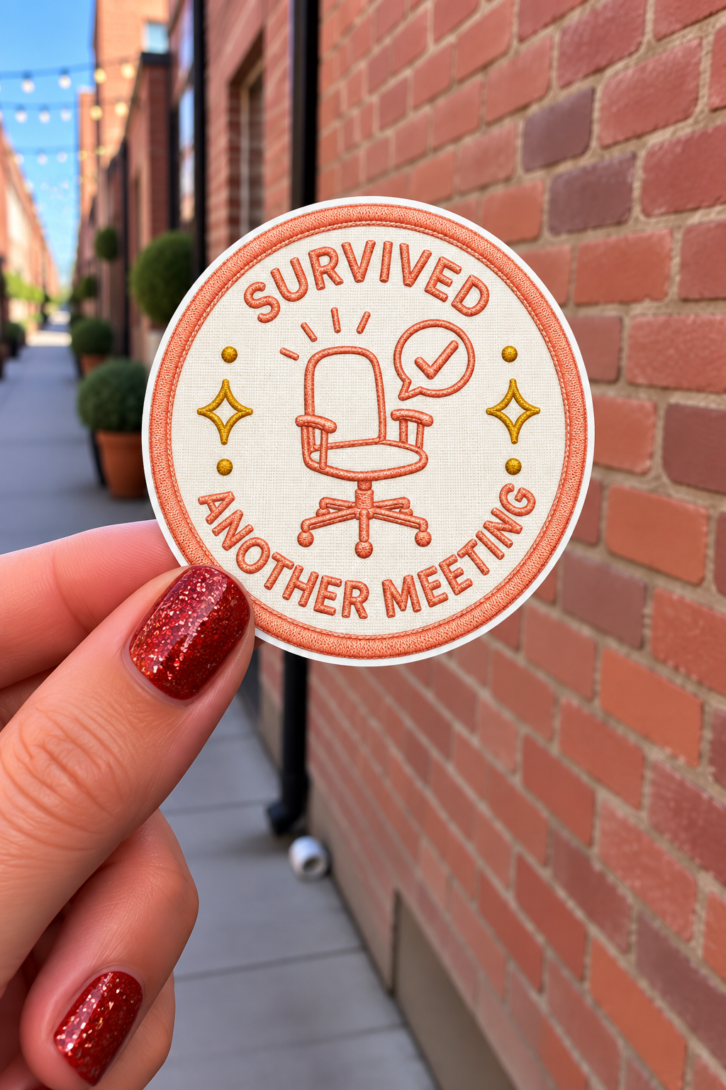 Survived Another Meeting sticker, shown in use