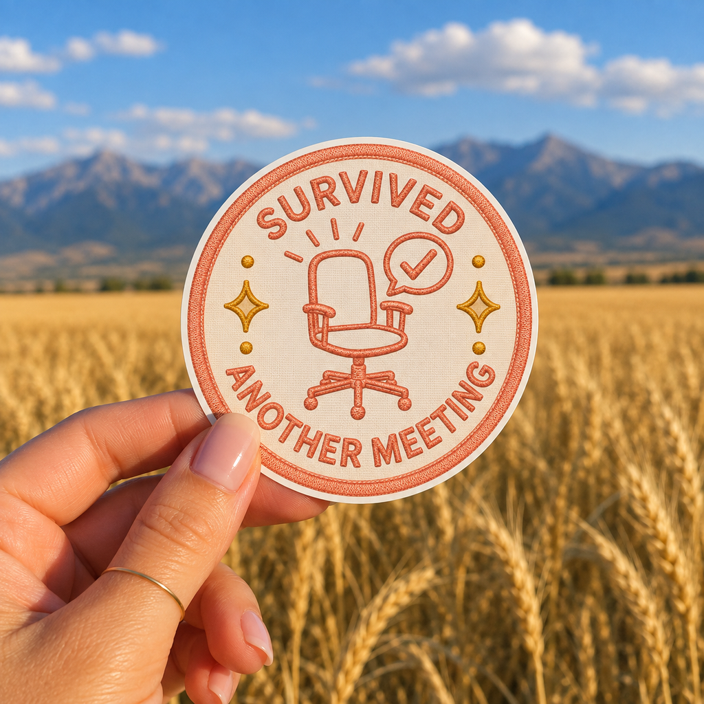 Survived Another Meeting sticker, shown in use
