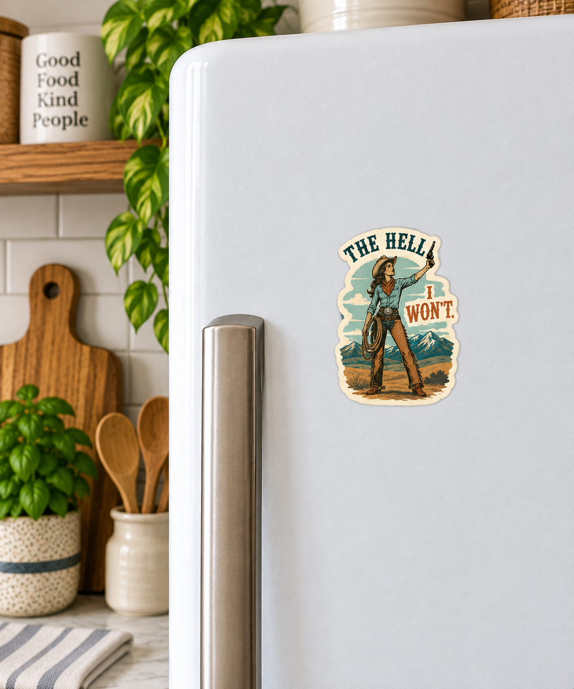 The Hell I Won't magnet on a fridge
