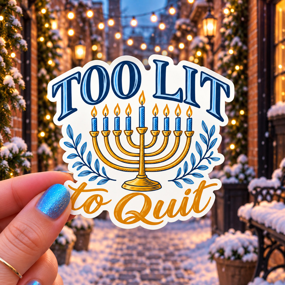 Too Lit to Quit sticker, shown in use