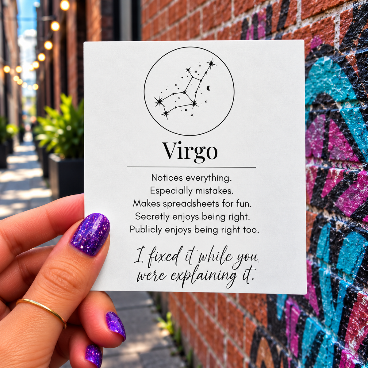 Virgo Funny Zodiac sticker, shown in use
