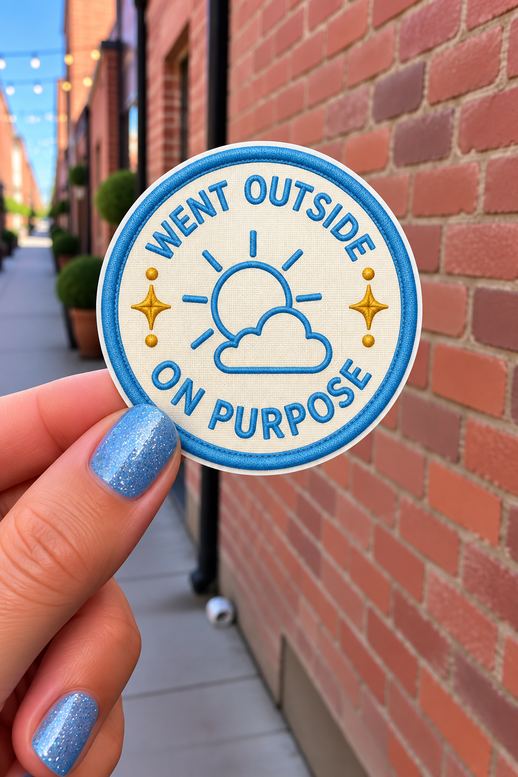 Went Outside on Purpose sticker, shown in use