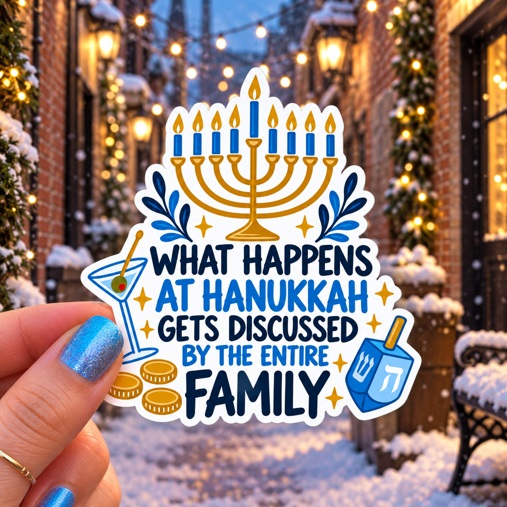 What Happens at Hanukkah Gets Discussed by the Entire Family sticker, shown in use